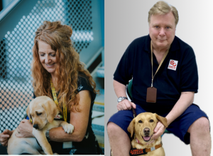 Jane and Chris each holding a dog